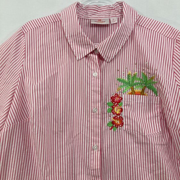 Quacker Factory Top sz 1X Pink White Striped Embroidered Short Sleeve Button Up - Picture 4 of 9
